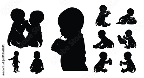 Silhouettes of babies in various poses demonstrating early childhood development