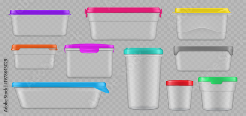 Realistic plastic containers, food packages vector mock ups isolated on transparent background. 3d clear plastic box, jar and bucket with color lids and latches. Round, rectangular reusable containers