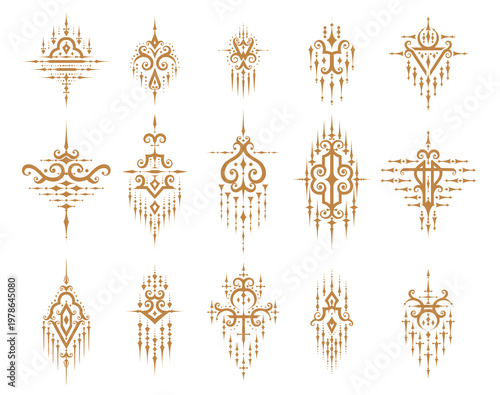 Sacred oriental thai symbols and embellishment decorations. Vector gold talisman, tattoo or mystic amulet isolated symbols set with ancient thai geometric pattern and sacred oriental elements