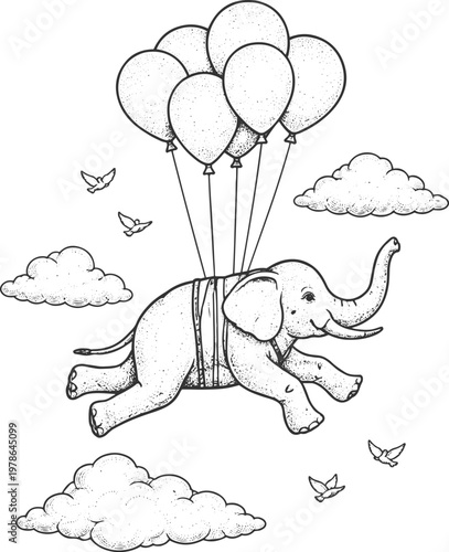 Flying Elephant with Balloons Whimsical Vintage Engraving Illustration