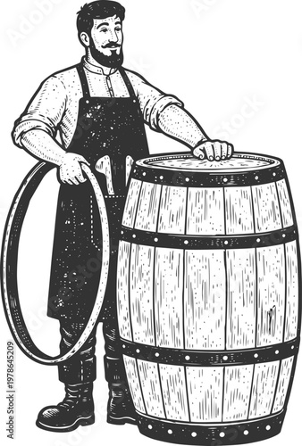 Cooper Making Wooden Barrel Vintage Engraving Craftsmanship Illustration