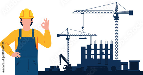 Professional Male Construction Worker Wearing Safety Helmet and Uniform Showing OK Sign at Building Site with Cranes and Industrial Equipment Background Illustration