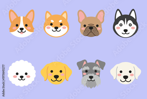 Set of Eight Popular Dog Breed Heads Icons Flat Vector Illustration, Cute Puppy Faces of Corgi, Shiba Inu, Husky, French Bulldog and Golden Retriever