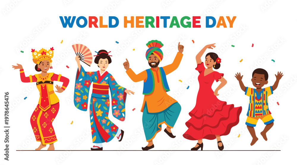 Fototapeta premium Vector of a group of people from various countries dancing traditional dances to celebrate 