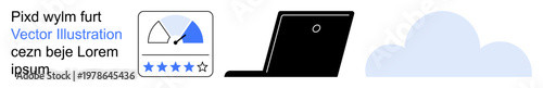 Data management, cloud storage, service rating, digital technology, online reviews, IT tools. A rating interface, laptop and cloud icon are featured. Data management and cloud storage