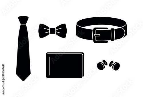 Necktie long tapered fabric shape, bow tie small folded form, leather belt with buckle detail, wallet bi fold rectangular shape,