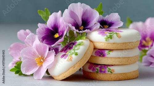 Edible flowers in dessert dishes, Floral sugar cookies decorated with colorful pressed edible flowers on white.