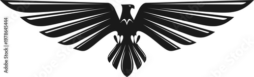 Black eagle flying bird abstract icon or label. Black bird of prey graphic emblem, eagle bird company icon. Hunting hawk heraldic sign