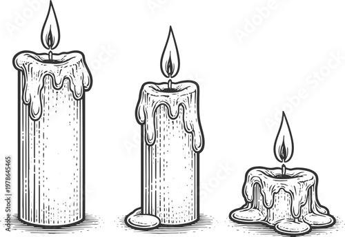 melting candles vintage engraving illustration set flame wax halloween gothic