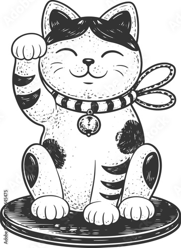 lucky cat maneki neko vintage engraving illustration fortune symbol japanese