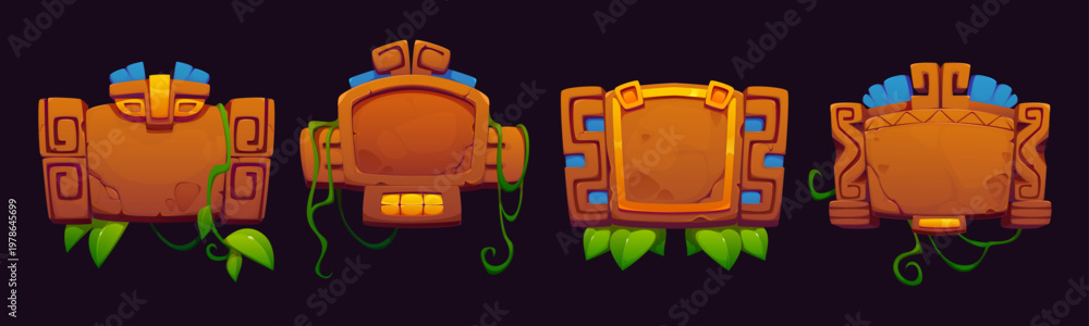 Naklejka premium Aztec Inca Maya mexican game frame board asset, vector UI. Cartoon brown rock game frame boards and signs with green vines and leaves of liana plants, stone texture and ancient aztec totem pattern