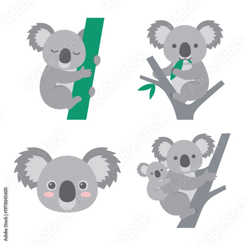 Cute Koala Bear Character Set in Various Poses Including Sleeping Eating Climbing and With Baby, Australian Animal Vector Illustration Collection