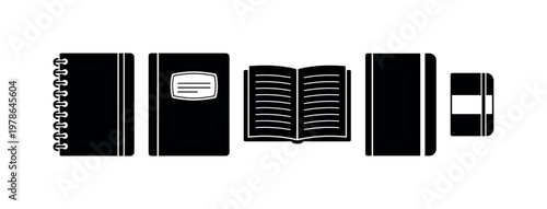 Spiral notebook with wire binding edge, composition notebook closed flat form, open notebook with lined pages, hardcover notebook