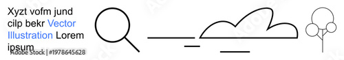 Search optimization, graphic design, education, environment, data visualization, nature. Magnifying glass, cloud tree doodles combined with text and lines. Search optimization and graphic design