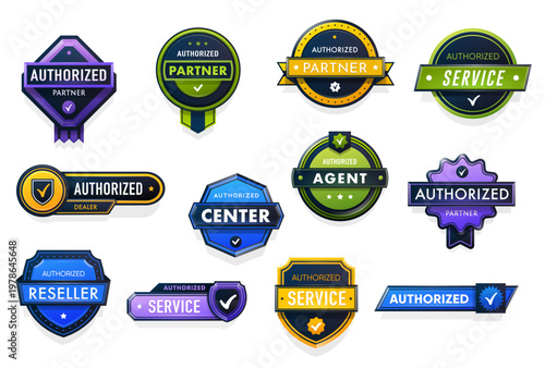 Official mark labels, authorized dealer seller and distributor seals. Vector color shield and round stickers with checks marks and ribbons for certified business, authorized retail company and dealer