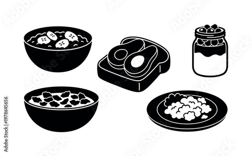 Bowl of oatmeal with sliced banana pieces, avocado toast on bread slice, glass jar of yogurt with berries, whole grain cereal bowl