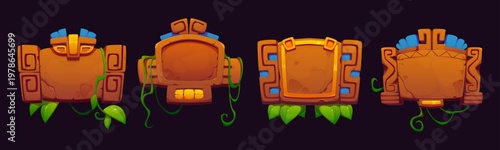 Aztec Inca Maya mexican game frame board asset, vector UI. Cartoon brown rock game frame boards and signs with green vines and leaves of liana plants, stone texture and ancient aztec totem pattern