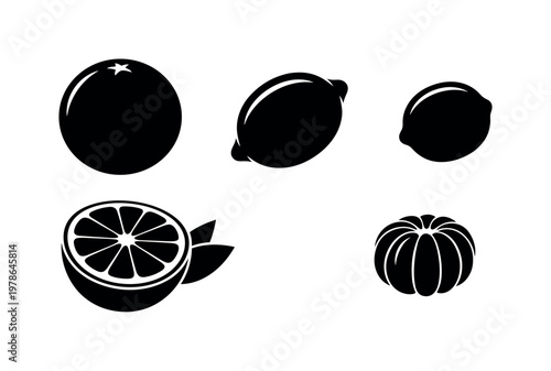 Orange fruit whole round citrus shape, lemon fruit oval pointed ends, lime fruit small round citrus form, grapefruit halved