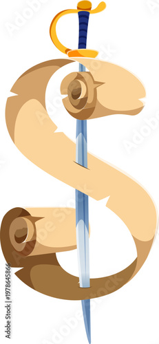 Pirate font paper scroll and sword punctuation dollar sign. Piracy nautical font, marine sailing alphabet type vector element. Pirate typeface punctuation mark with sword blade pierces parchment paper