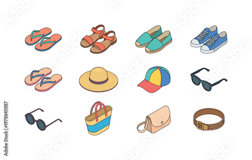 Flip flops pair, sandals open toe, espadrilles shoes, canvas sneakers, beach slippers, straw hat wide brim, baseball cap summer,