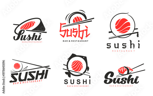 Japanese salmon sushi restaurant icons of vector rolls and nigiri with chopsticks. Asian cuisine sushi bar and japanese seafood restaurant symbols of rolls and nigiri with rice and salmon fish in nori