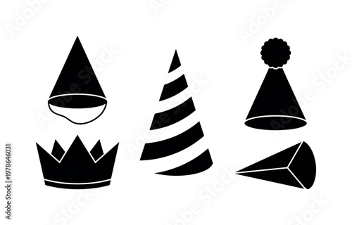 Party hat cone with elastic band, crown style birthday hat shape, striped party hat tall cone, pom pom top party hat, flat folded