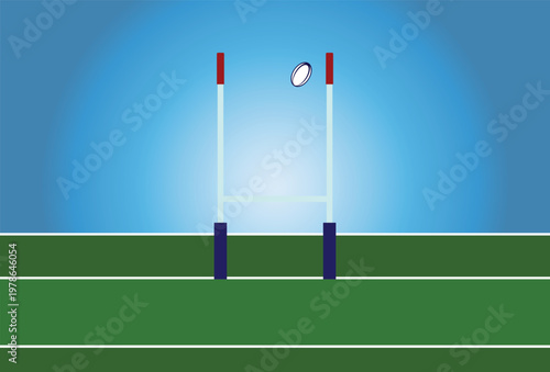Rugby ball is shown flying between the uprights, A successful rugby goal kick. Successful Conversion Kick in Rugby. 