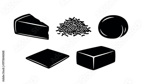 Parmesan cheese wedge triangular chunk, grated cheese pile small shreds, mozzarella cheese ball smooth round, cheese slice flat