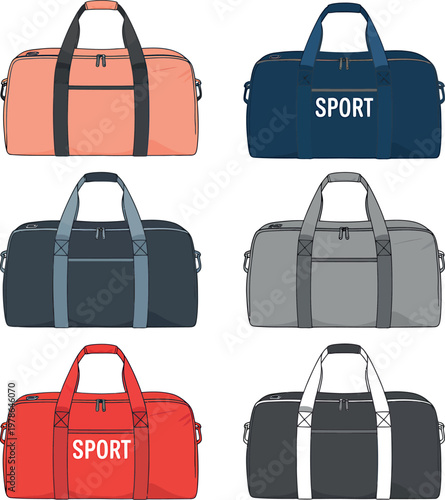 Colorful duffel bags with handles and zippers for sports and travel