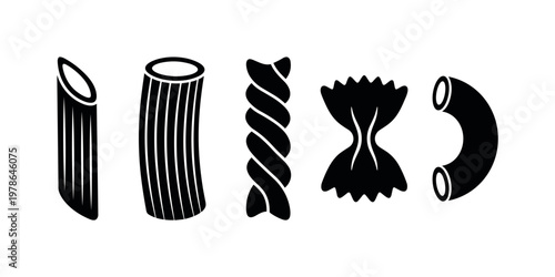 Penne pasta short tube angled ends, rigatoni pasta large ridged tubes, fusilli pasta spiral twisted shape, farfalle pasta bow tie