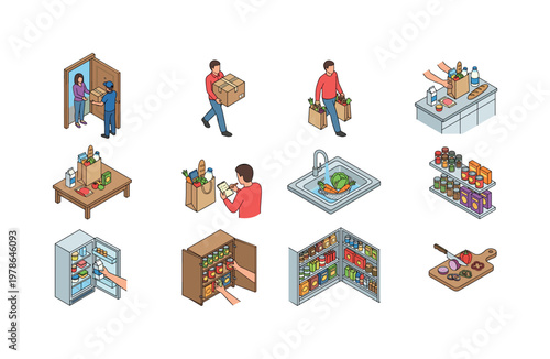 Carrying grocery bags home, placing groceries on kitchen table, unpacking shopping bags, storing food in fridge, putting items