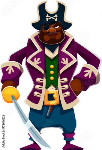 Cartoon afroamerican pirate with saber. Medieval corsair character with curved sword in hand. Vector black African American bearded sea rover personage with eye patch, purple captain coat and tricorn