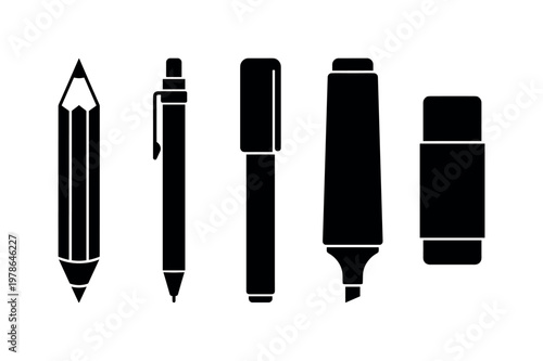 Wooden pencil sharpened pointed tip, mechanical pencil slim body form, pen with cap simple cylinder, highlighter marker chisel tip