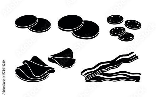 Pepperoni slices round flat discs, salami slices slightly larger rounds, chorizo slices small textured rounds, ham slices folded