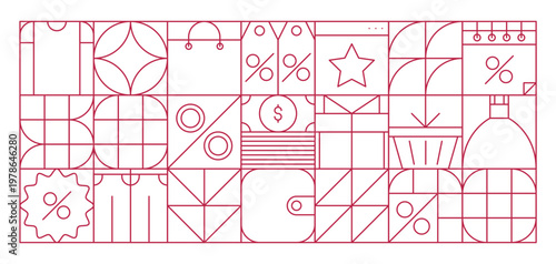Shopping and retail sale geometric abstract pattern. Vector grid background with linear discount icons like percentage signs, price tags, shopping bags, clothes, wallets, and gift boxes for sales