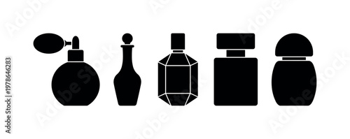 Perfume bottle with atomizer bulb spray, perfume bottle with long neck stopper, perfume bottle with geometric faceted body,