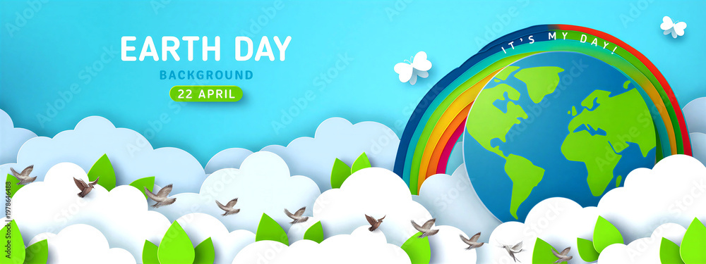 Naklejka premium Colorful earth day celebration background with globe rainbow and flying birds in nature scene