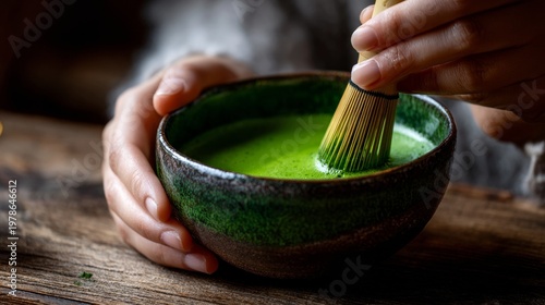 Whisking vibrant matcha tea in a cozy setting
