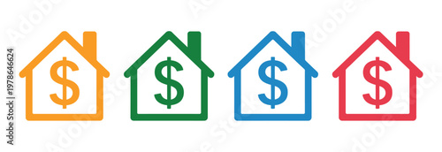 Different types of financial investments shown through house icon symbols, ideal for real estate concepts, property investment strategies, financial planning, and clean vector illustration design.