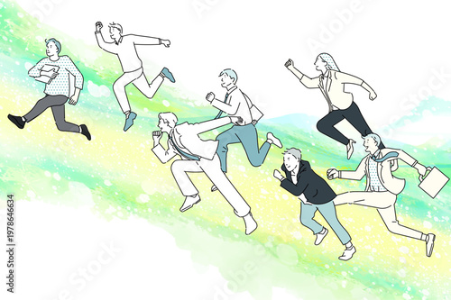 スタートアップのイメージイラストージャンプするビジネスパーソンーチームワークー白バックイラスト素材