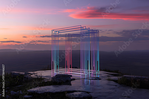Innovative Geometric Structure with Fiber Optic Lighting in Scenic Sunset Landscape