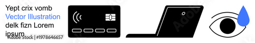 Data security, online privacy, technology, information sharing, identity protection, surveillance. Credit card, laptop eye with a teardrop on white background. Data security and online privacy theme