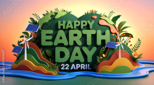 Colorful earth day celebration illustration with green landscape and renewable energy sources for ecofriendly awareness campaign