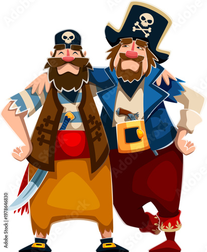 Cartoon two cheerful pirate characters. Sailor and skipper, boatswain and captain corsair or filibuster personages. Vector swashbuckling friends stand side by side and hugging, ready for sea adventure
