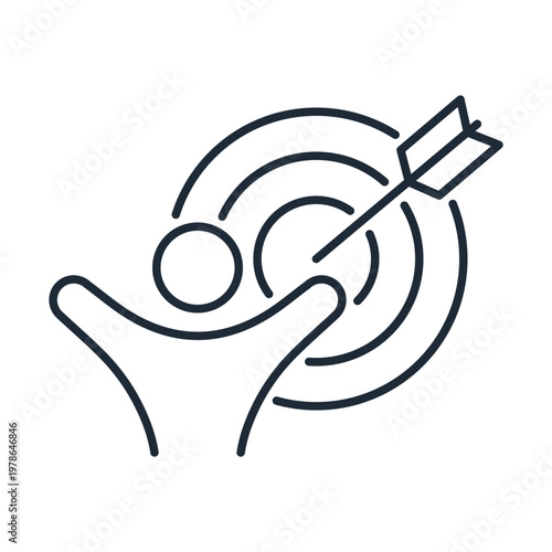  A happy man and a hit target. Accomplish the mission. Achieve a successful outcome.Vector linear icon illustration isolated on white background.
