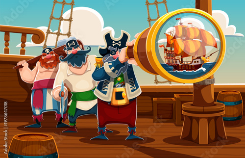 Caribbean pirates captain with spyglass on the ship deck, sailor corsair and buccaneer crew. Adventurous maritime scene with nautical characters. Cartoon vector wood galleon with sail on ocean horizon