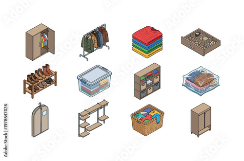 Wardrobe closet with clothes, hanger rack with coats, folded sweater stack, drawer with accessories, shoe rack with boots, storage