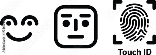 Facial expression and fingerprint touch ID icons flat vector illustration for biometric authentication user interface security systems