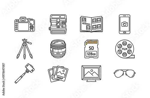 A keepsake snapshot setup with a digital camera, Polaroid, photo album, smartphone, tripod, lens, memory card, photo reel, selfie