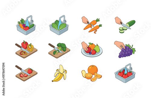 Washing fresh vegetables, rinsing leafy greens, peeling carrots, slicing cucumbers, cutting bell peppers, chopping broccoli,